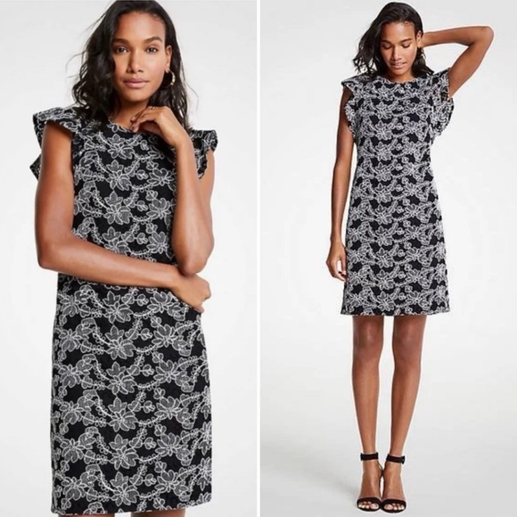 Ann Taylor Floral Embroidered Lace Shift Dress Black & White Sleeveless Size 2 - Picture 1 of 9